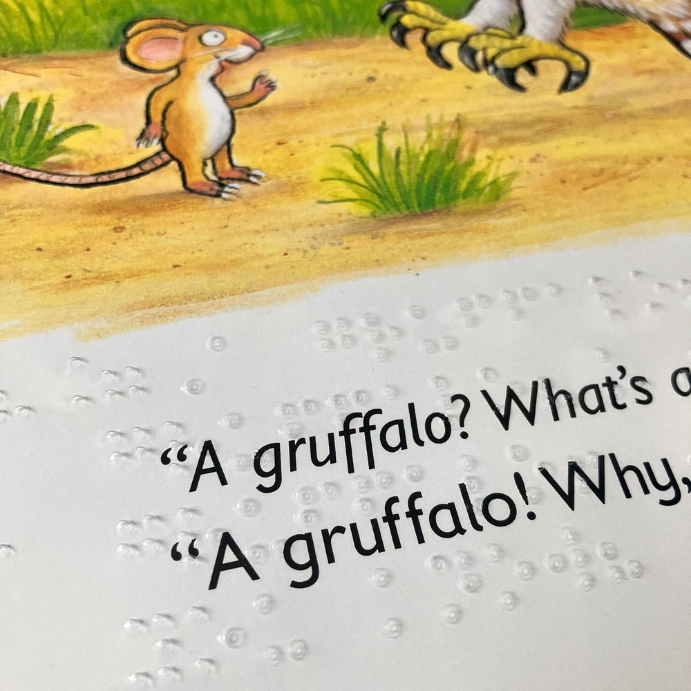 Page of The Gruffalo showing illustration of the mouse meeting the owl along with the print, all overlaid with a clear brailled sheet