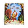 Book cover of 'The Leaf Thief' with a squirrel holding a leaf in an autumn setting
