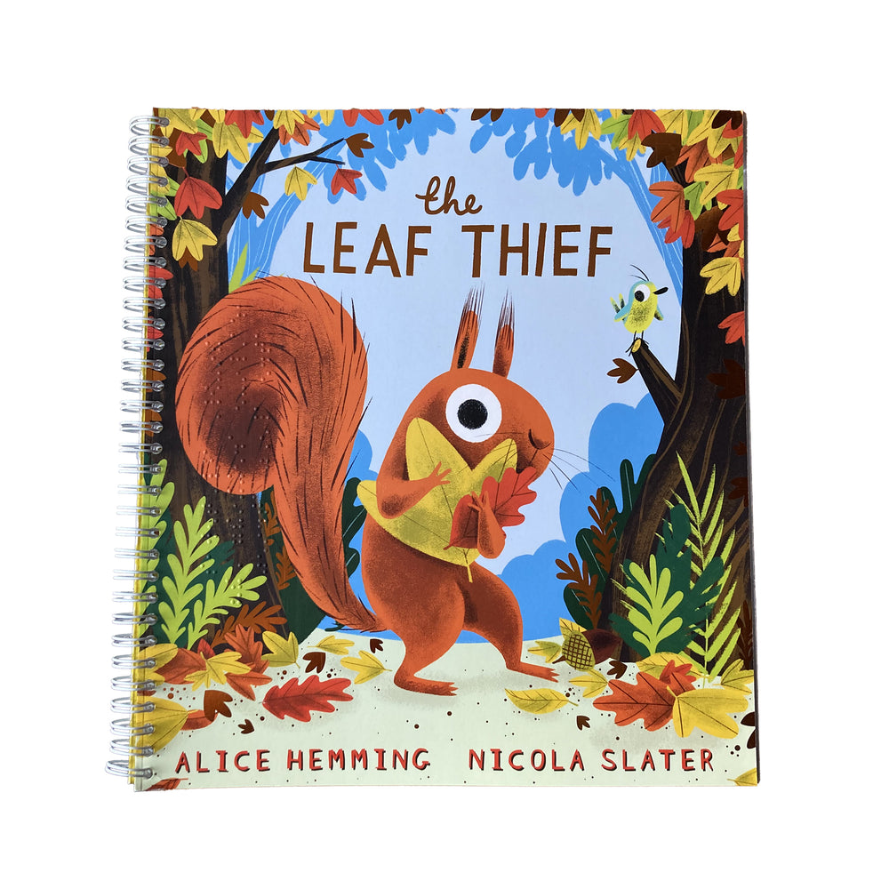 Book cover of 'The Leaf Thief' with a squirrel holding a leaf in an autumn setting