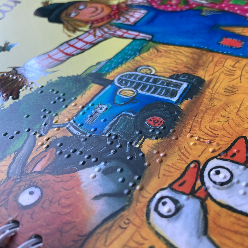 Illustration of a farmer, tractor, and animals on a colorful background with braille text.