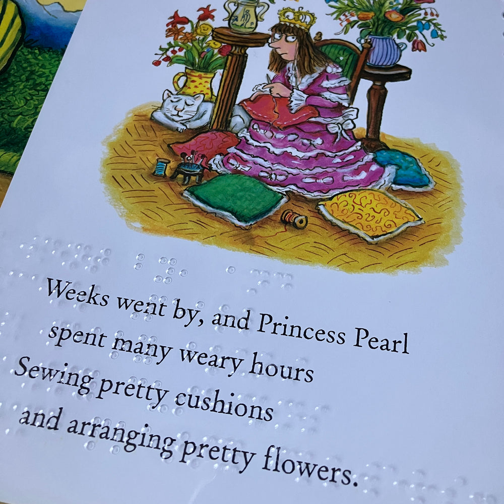 Clear braille sheet overlaid on original text and illustration from Zog and the Flying Doctors