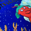 Cartoonish red creature with green hair on a blue background with braille text.
