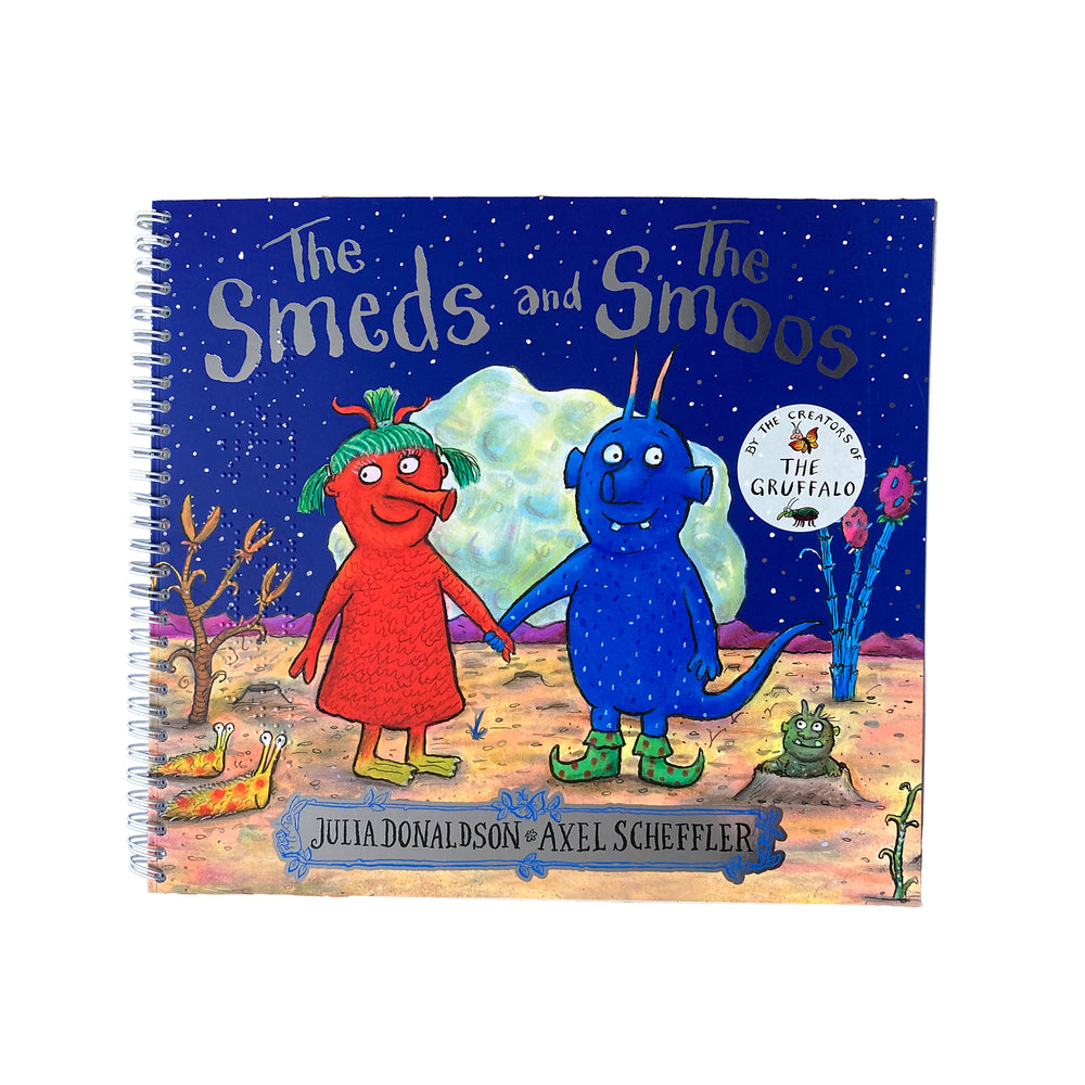 Book cover of 'The Smeds and Smoos' with two colorful characters on a starry night background.