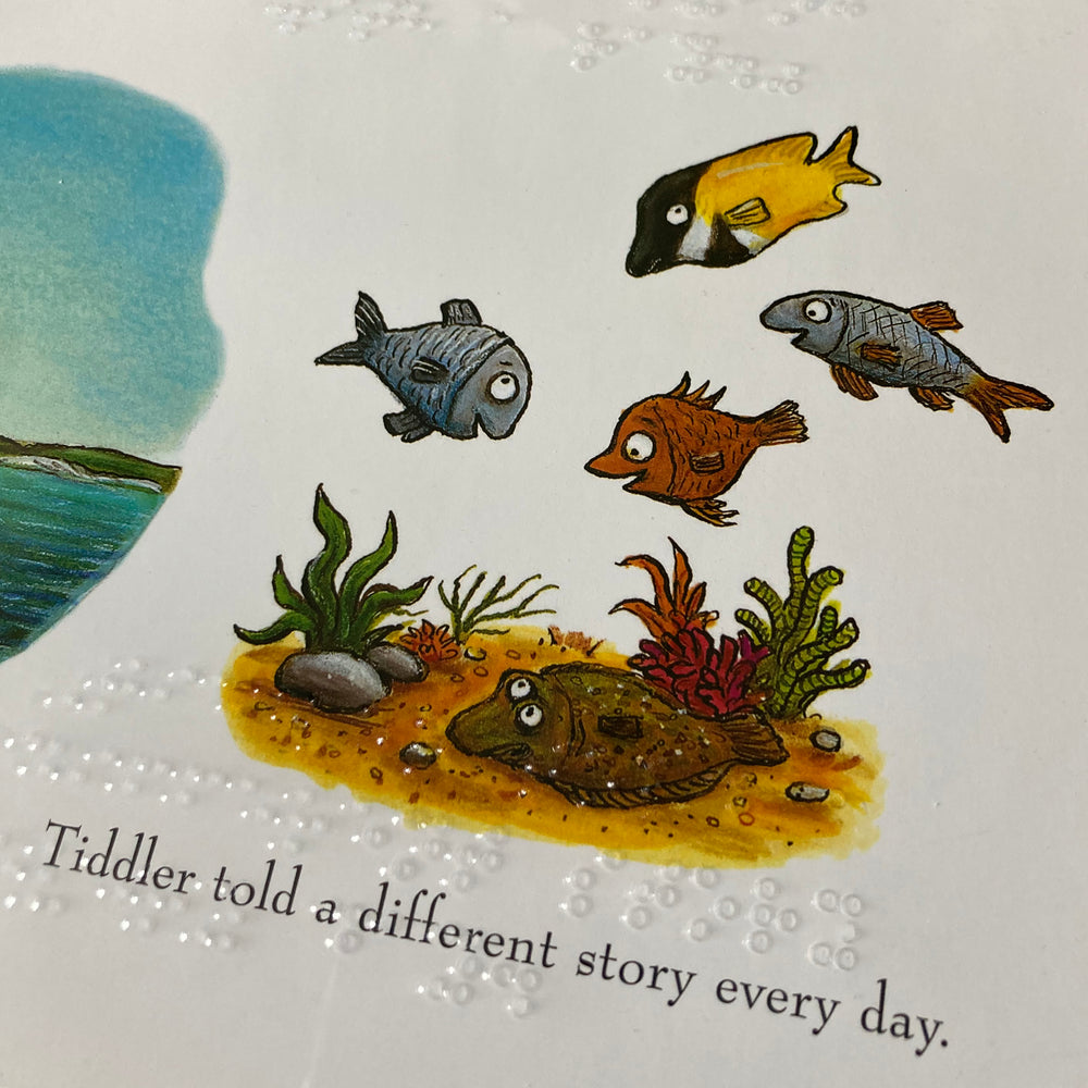 Illustration of fish and a sea creature with text and braille on a white background.