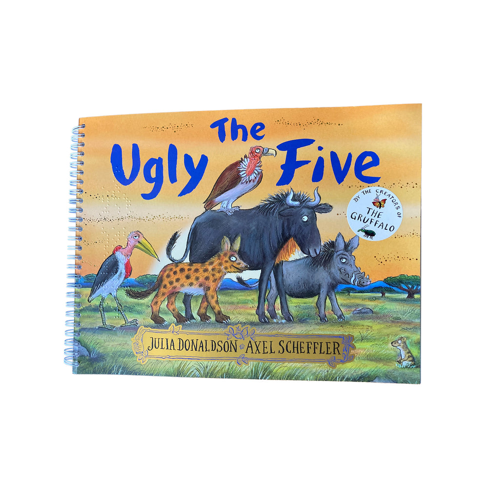 Book cover of 'The Ugly Five' with illustrations of animals and authors' names.