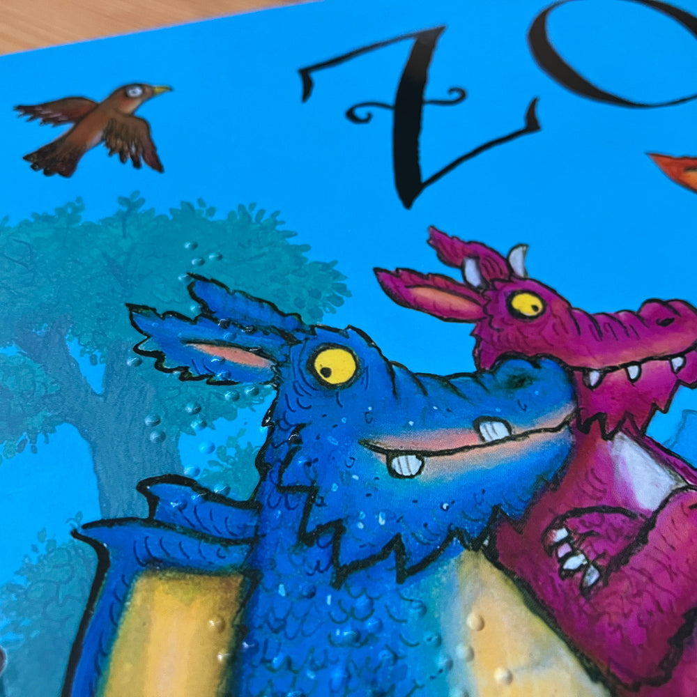 Close-up of braille on the cover of Zog