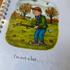 Illustration of a child using Stick Man as a bat, with text 'I'm not a bat...' and clear braille overlay