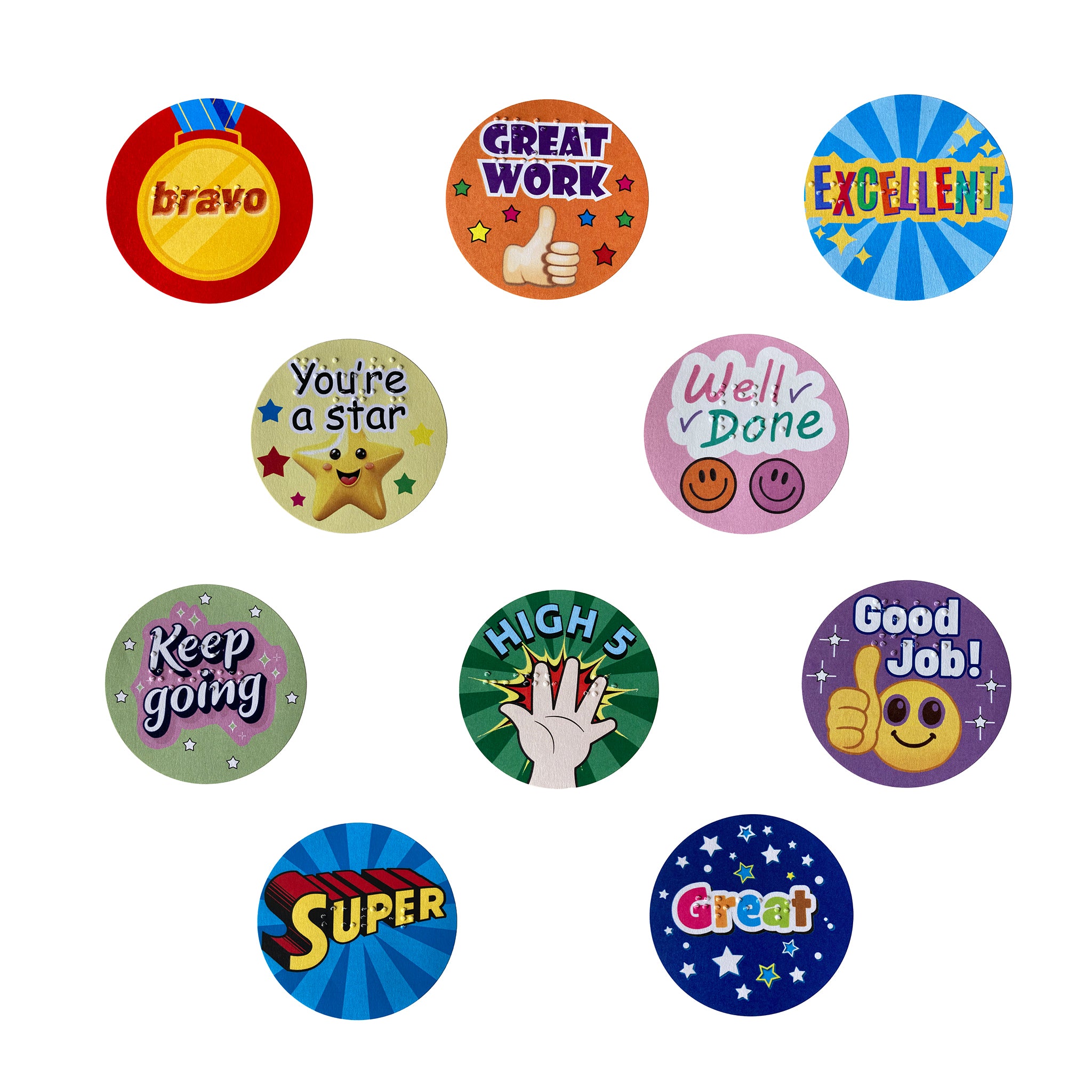 Set of colorful and tactile reward stickers against a white background.