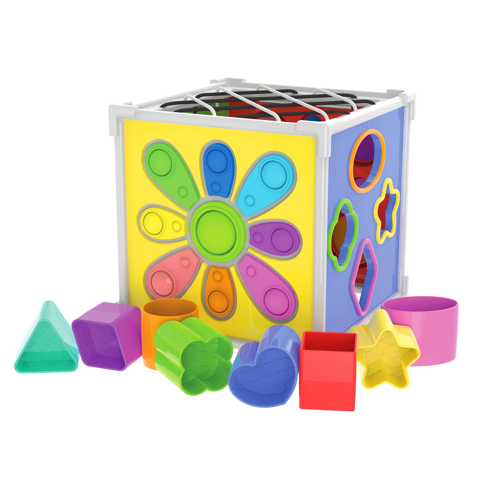 A colorful children's activity cube toy with a yellow front panel featuring a flower-shaped cutout, a blue side panel with oval and star cutouts, and several loose geometric shape blocks in front on a white background.