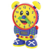 A colorful baby alarm clock shaped like a cartoon robot or character, with a bright yellow face, red border, blue limbs, and yellow bells on top, shown on a plain white background.