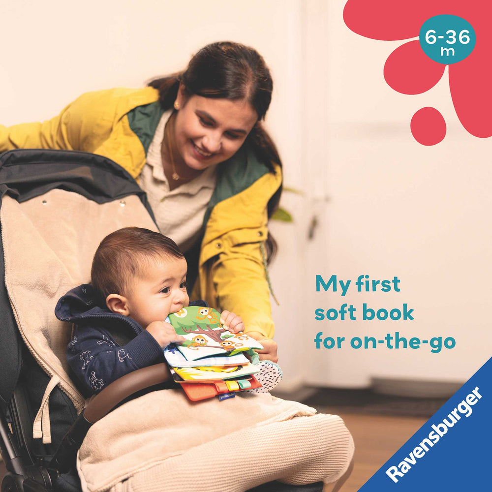 A baby sits in a stroller while a woman leans over and reads a colorful soft book to the baby. The image includes text reading 'My first soft book for on-the-go' and a badge that says '6-36 m', with a Ravensburger logo in the corner.