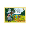 A square illustrated art print featuring a whimsical forest scene with cartoon characters, trees, mountains, and the text 'the girl didn't tremble or YELL.' The print has a pale yellow border and is shown centered on a white background.
