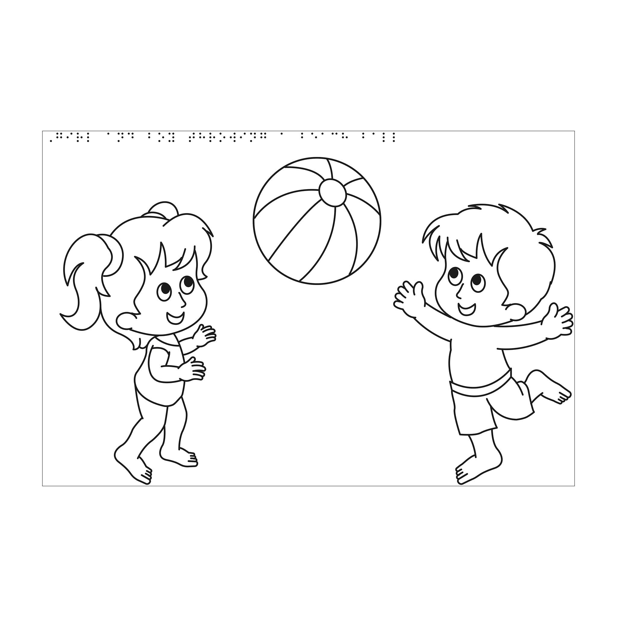 Tactile drawing of a two children with a beach ball for colouring in
