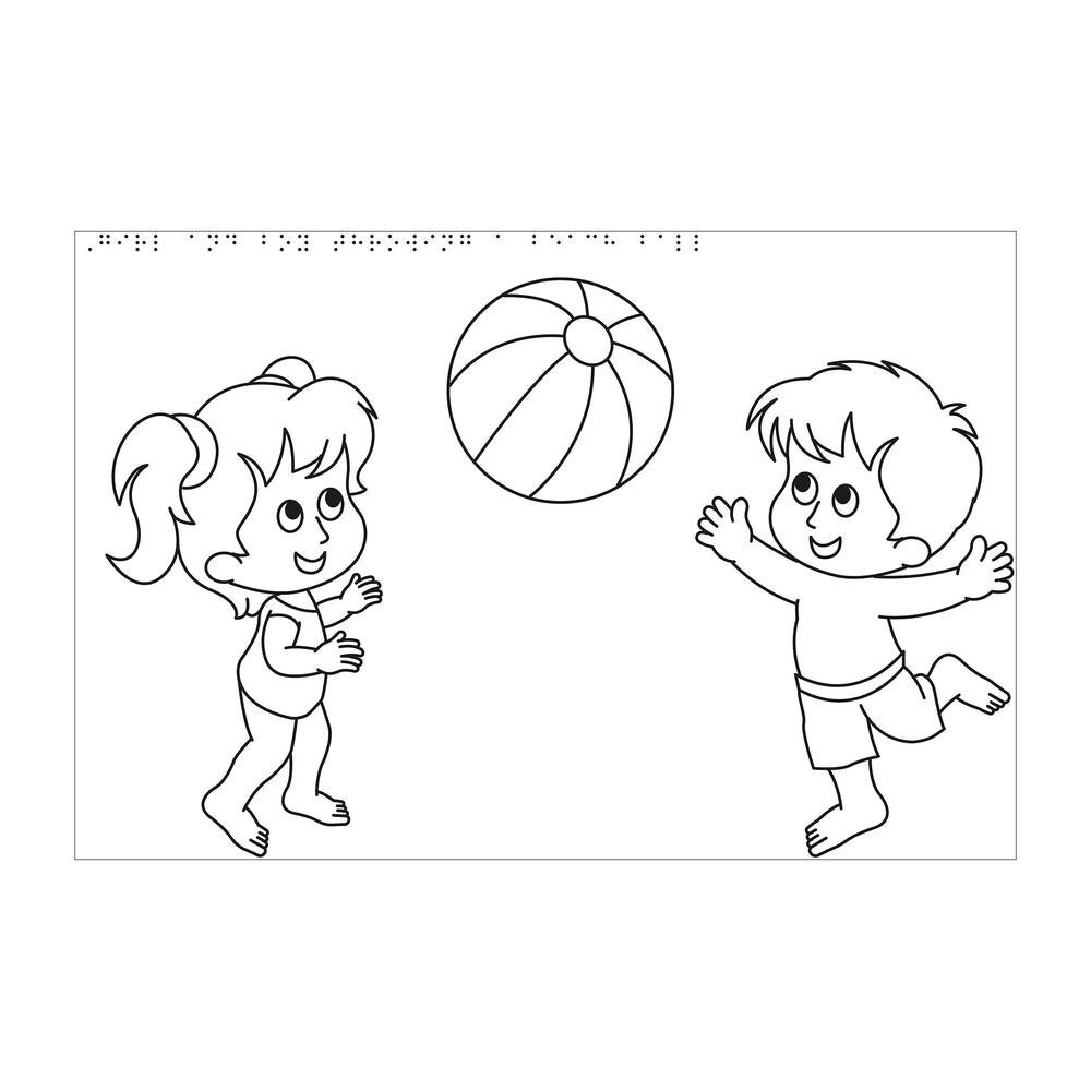 Tactile drawing of a two children with a beach ball for colouring in