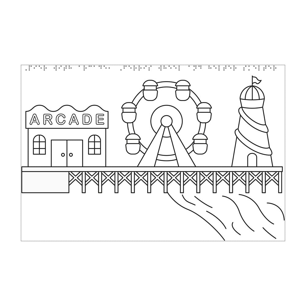 Tactile drawing of a pier with amusements for colouring in