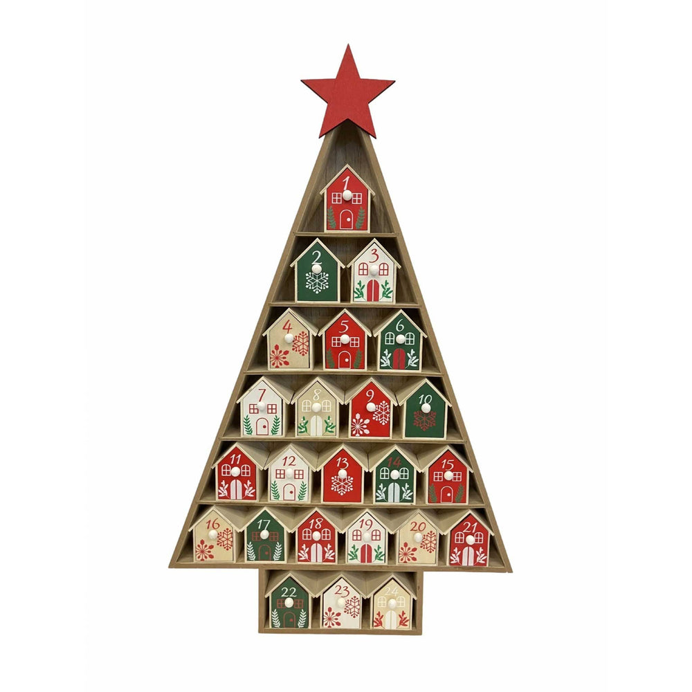 A wooden Christmas advent tree shaped like a triangle, with multiple small house-shaped compartments in red, green, white, and beige, topped with a red star, shown on a plain white background.