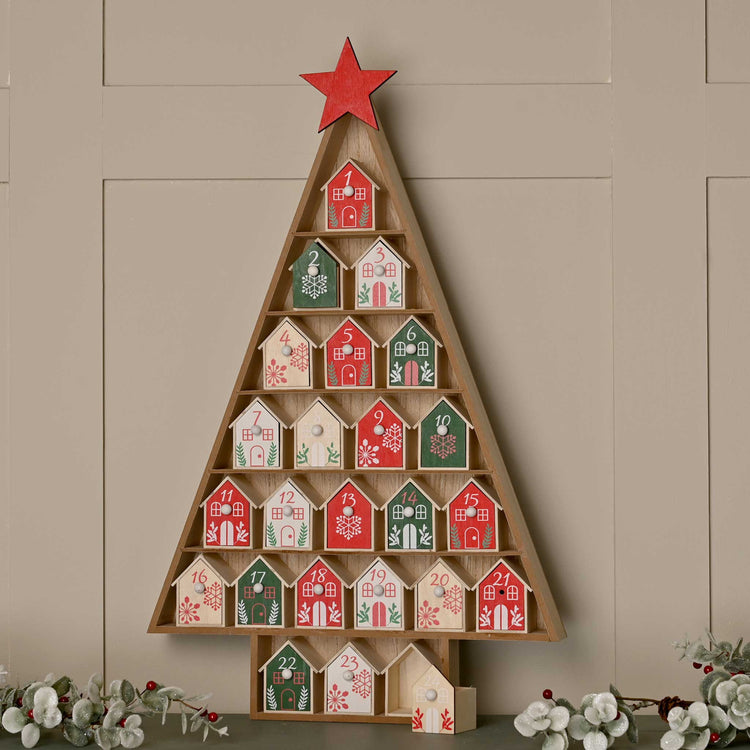 Alternative view of Large Christmas Advent calendar – tree shape with cottages, 62cm