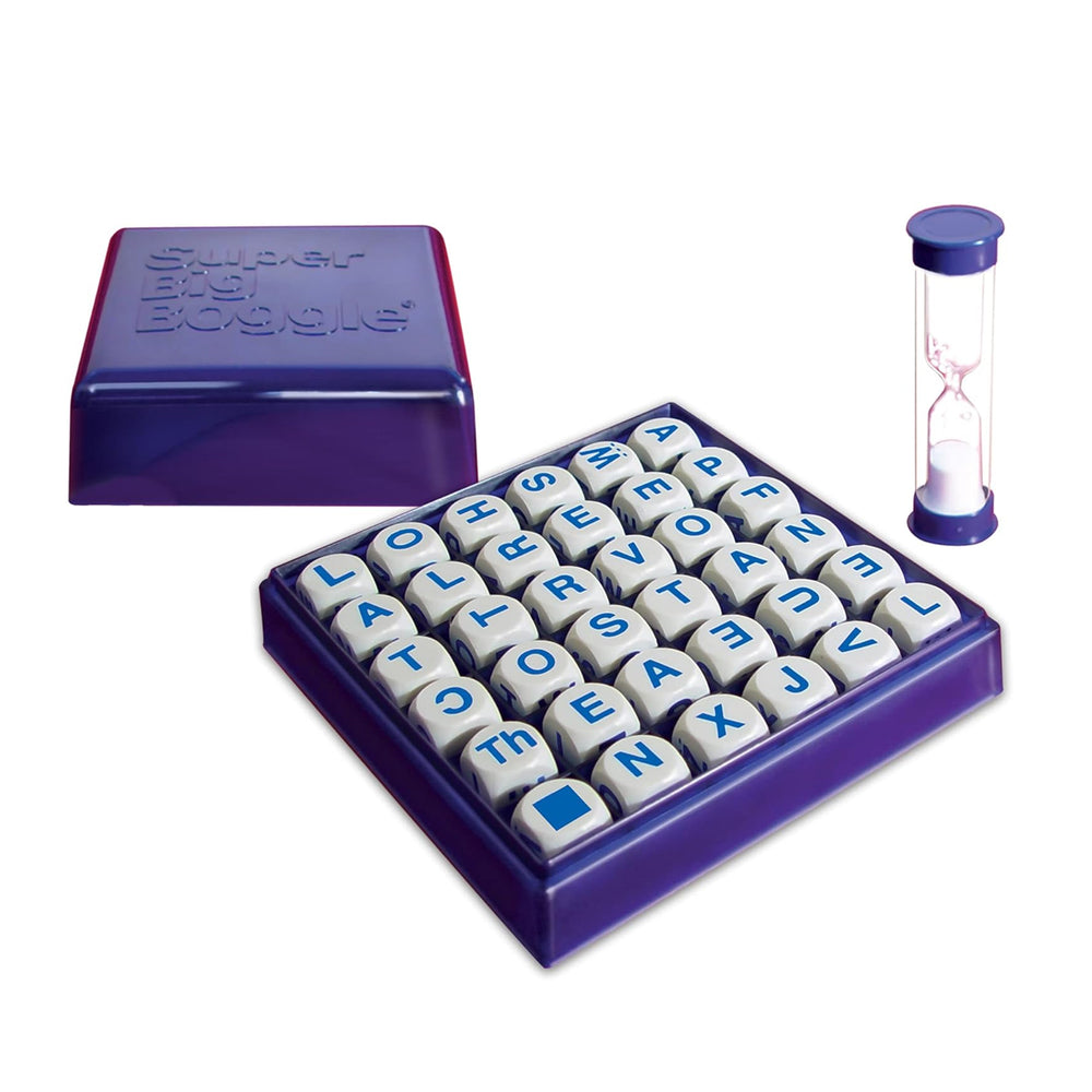 Super Big Boggle word game with a four-minute sand timer