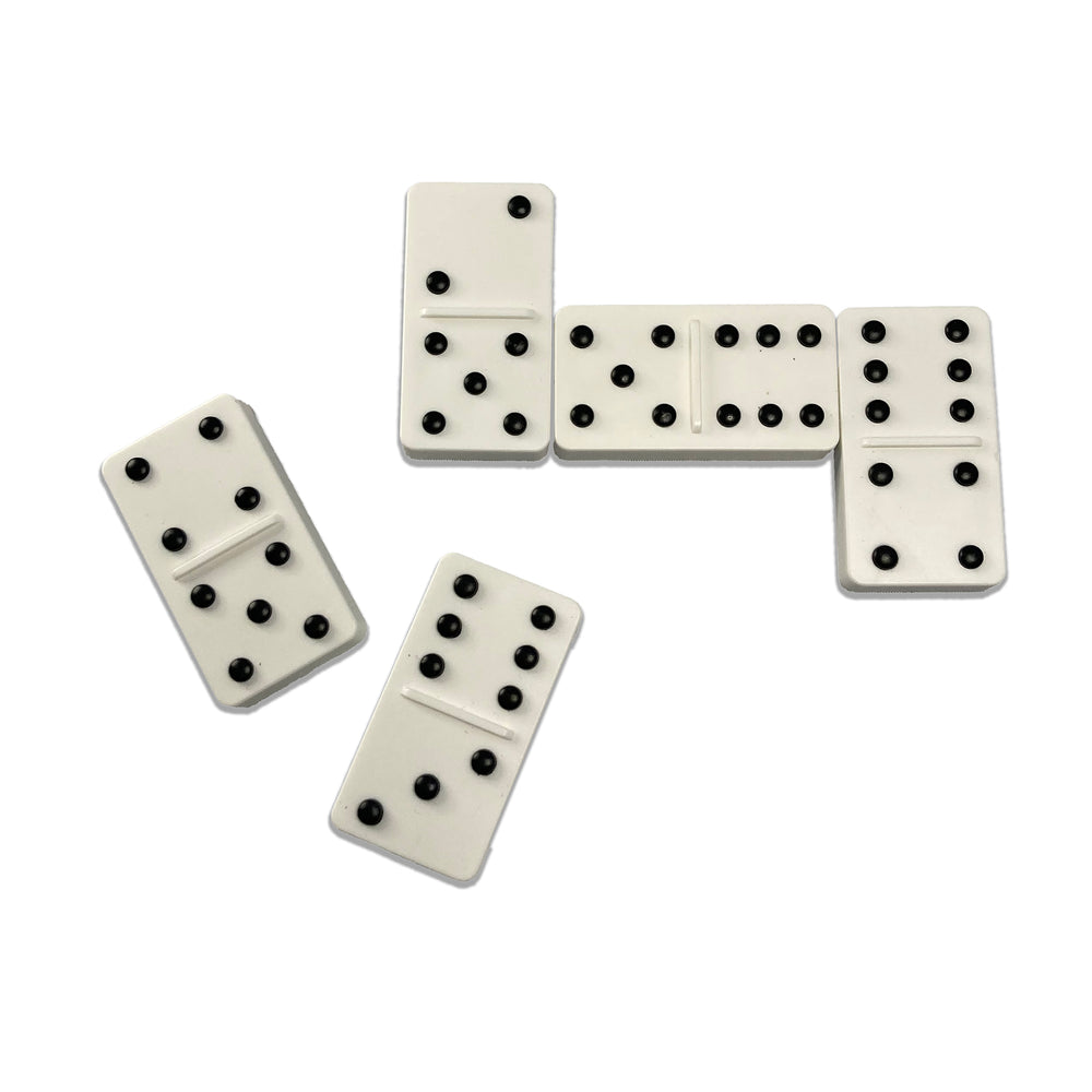 Five tactile domino tiles arranged as if mid-game