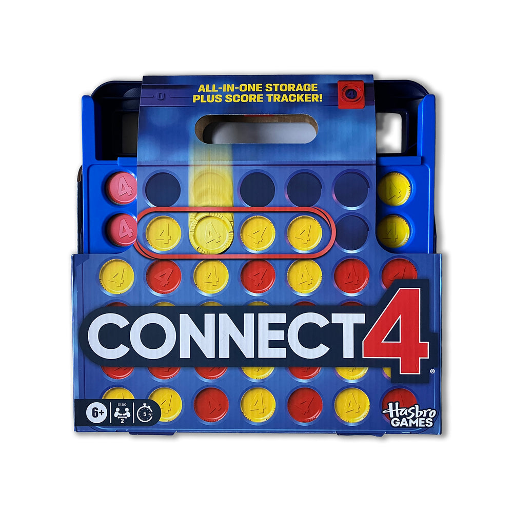 Connect 4 game box with red and yellow discs on a white background