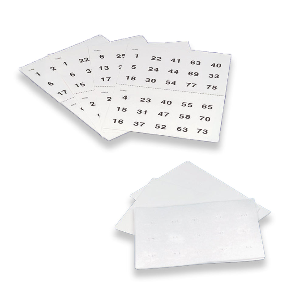 Fanned out bingo cards, large print and braille