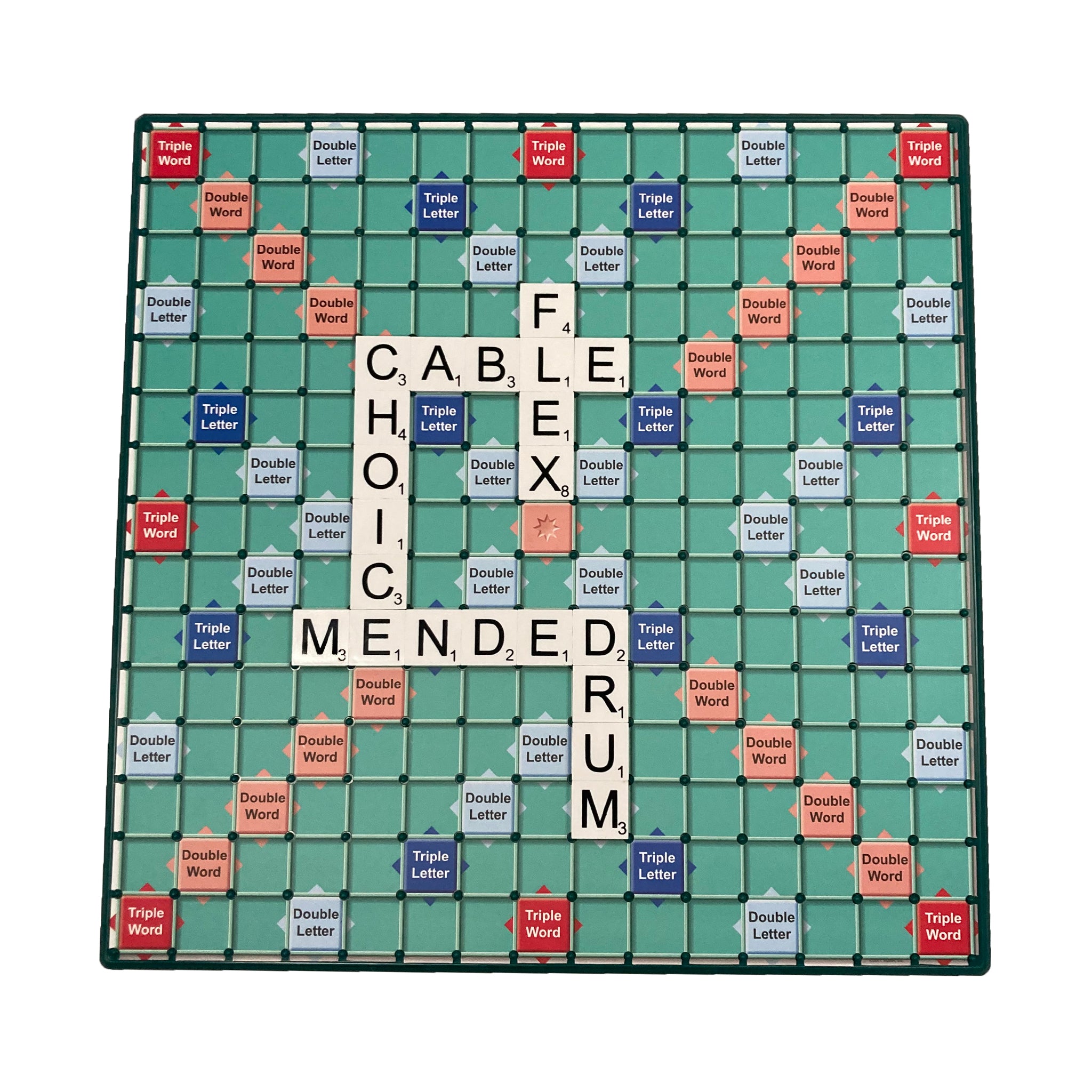 Overhead view of Scrabble board with large print tiles in play