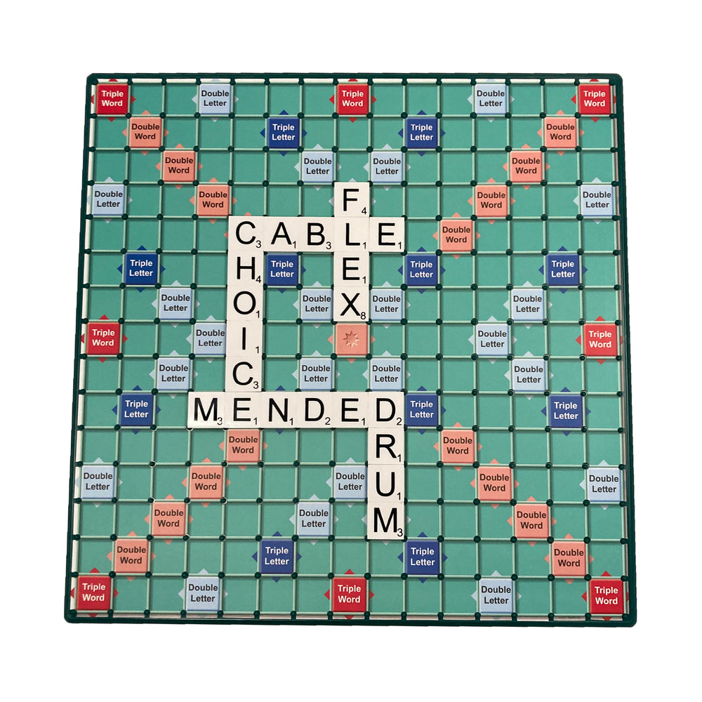 Overhead view of Scrabble board with large print tiles in play