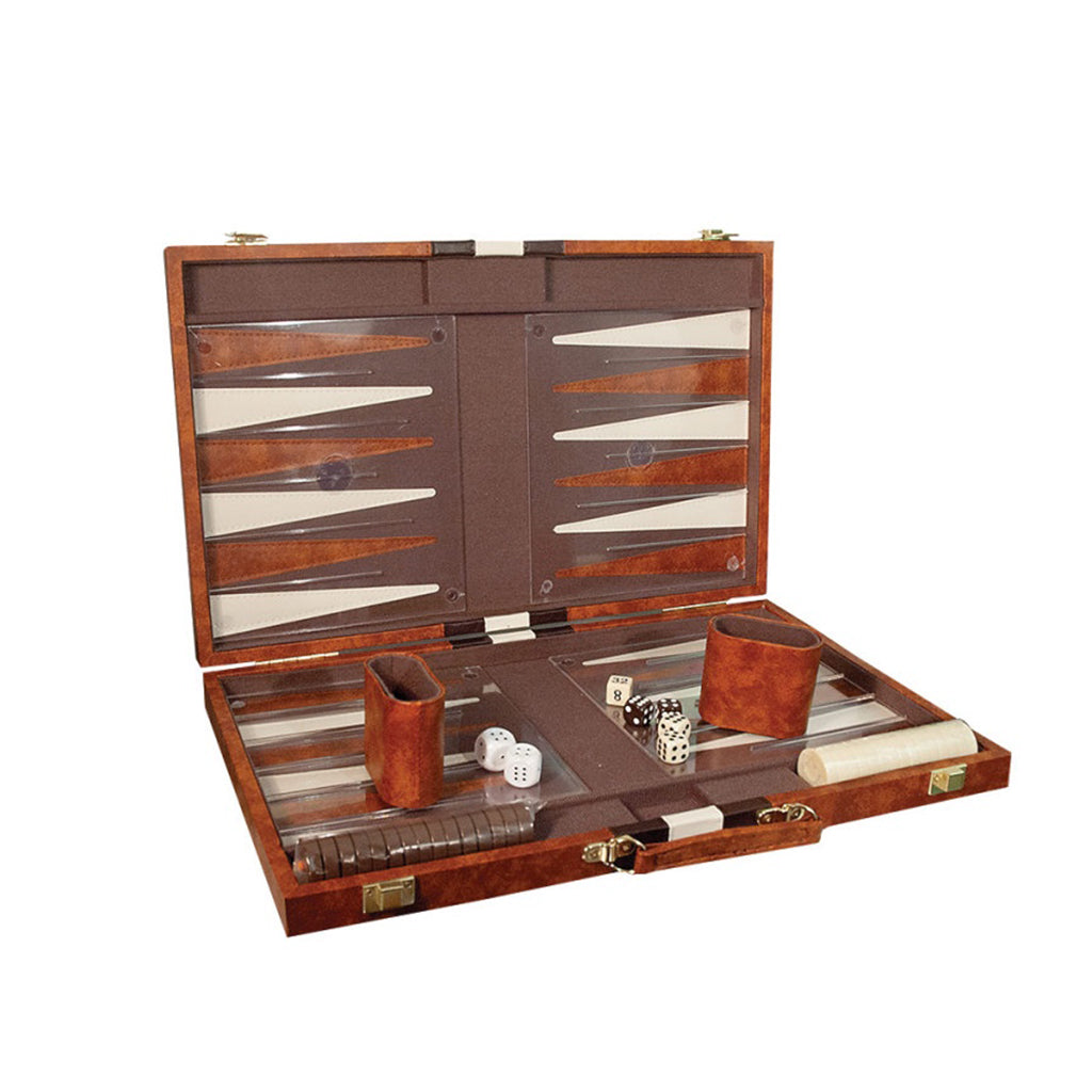 Backgammon case open to show tactile board, counters and dice