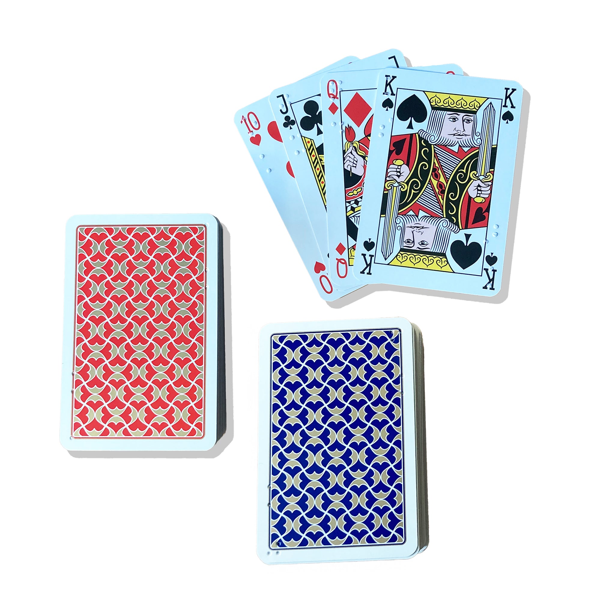 Fanned card showing 10 through King with packs demonstrating red and blue backs