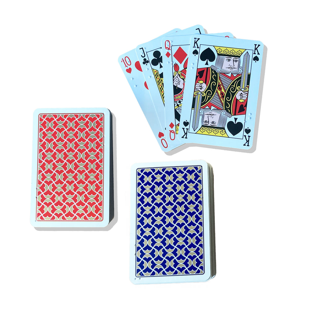Fanned card showing 10 through King with packs demonstrating red and blue backs