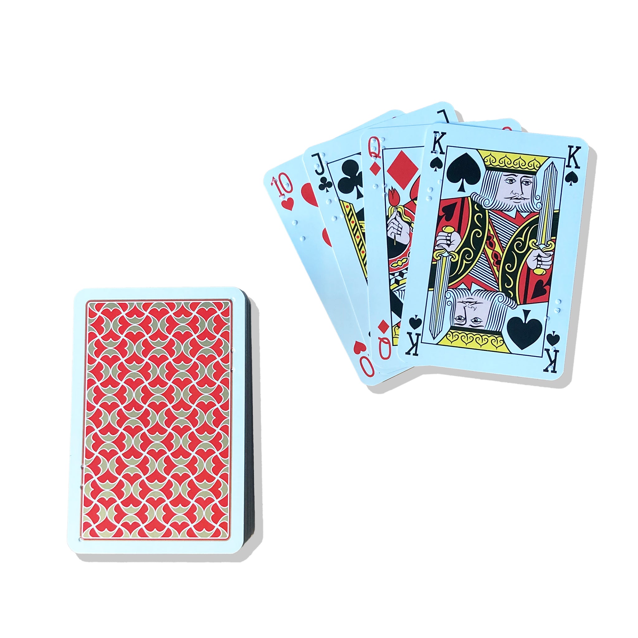 Fanned card showing 10 through King with red-backed pack