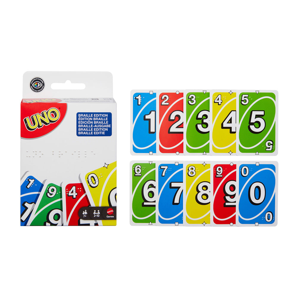 Braille edition UNO card game packaging with cards displayed on a white background