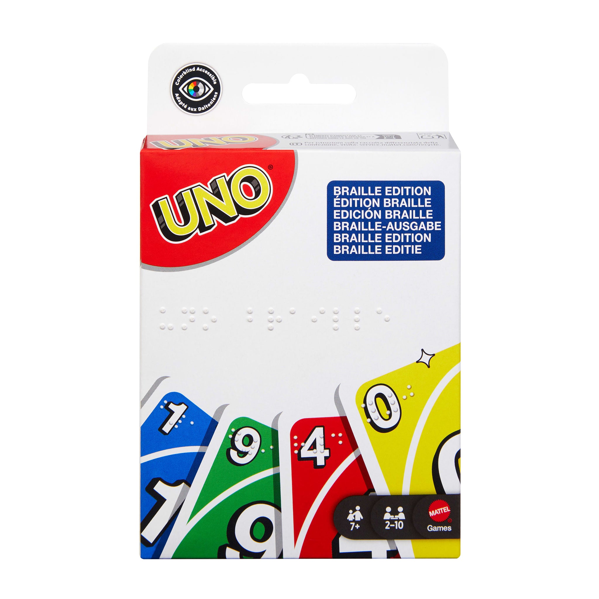 Braille edition of UNO card game packaging on a white background