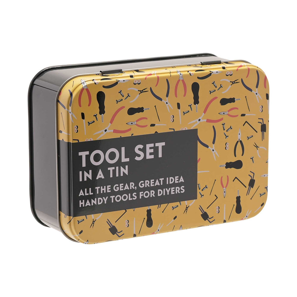Tool set in a tin with tool pattern on a yellow background