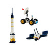 Three space-themed models made from interlocking bricks on a white background