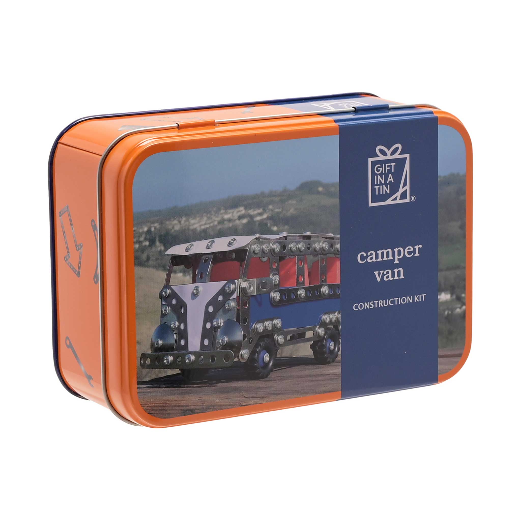 Orange tin box with a picture of a camper van on a white background