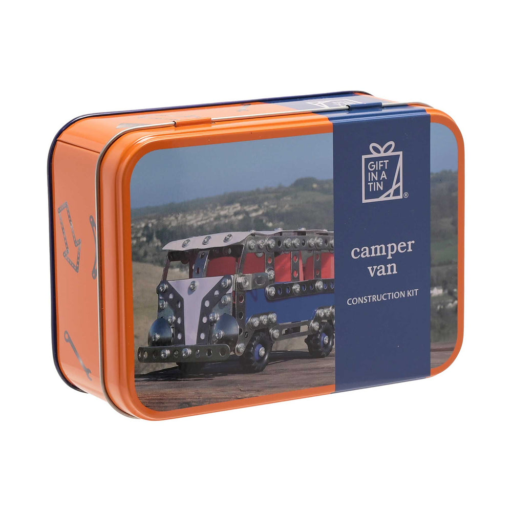 Orange tin box with a picture of a camper van on a white background