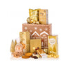 A Christmas-themed gourmet gift hamper featuring an assortment of festive treats, cookies, chocolates, and popcorn in coordinated gold, brown, and white packaging, arranged on a white background.