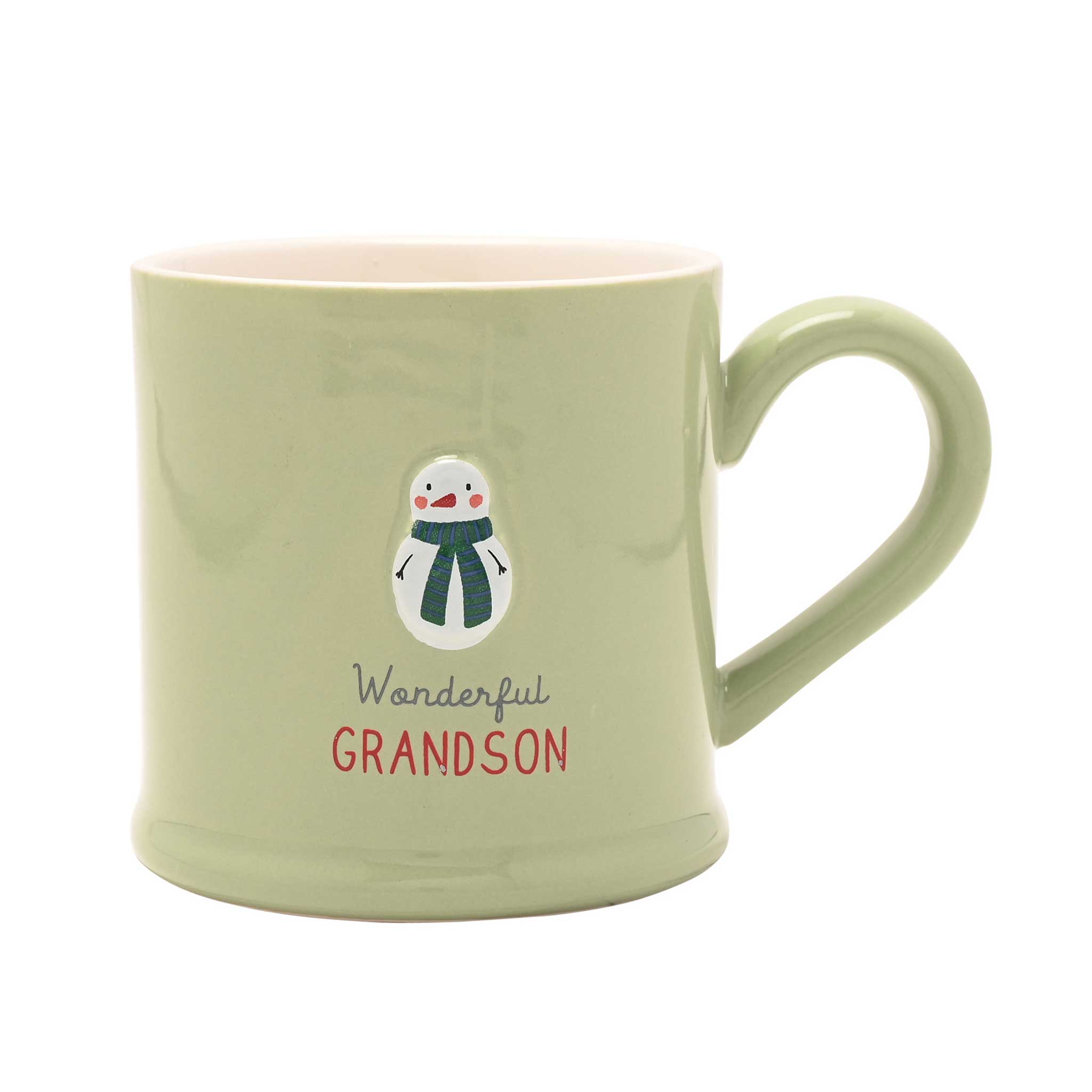 A light sage green ceramic mug with a pink interior, featuring a snowman graphic and the text 'Wonderful GRANDSON' on the front.