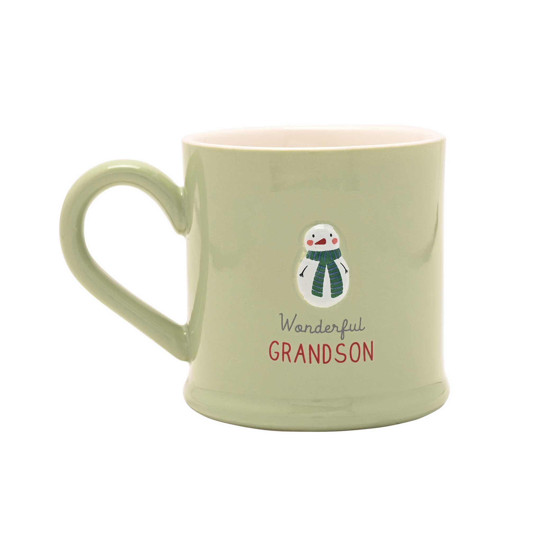 A light sage green ceramic mug with a handle, featuring a small snowman illustration and the text 'Wanderful GRANDSON' printed on the front, set against a plain white background.