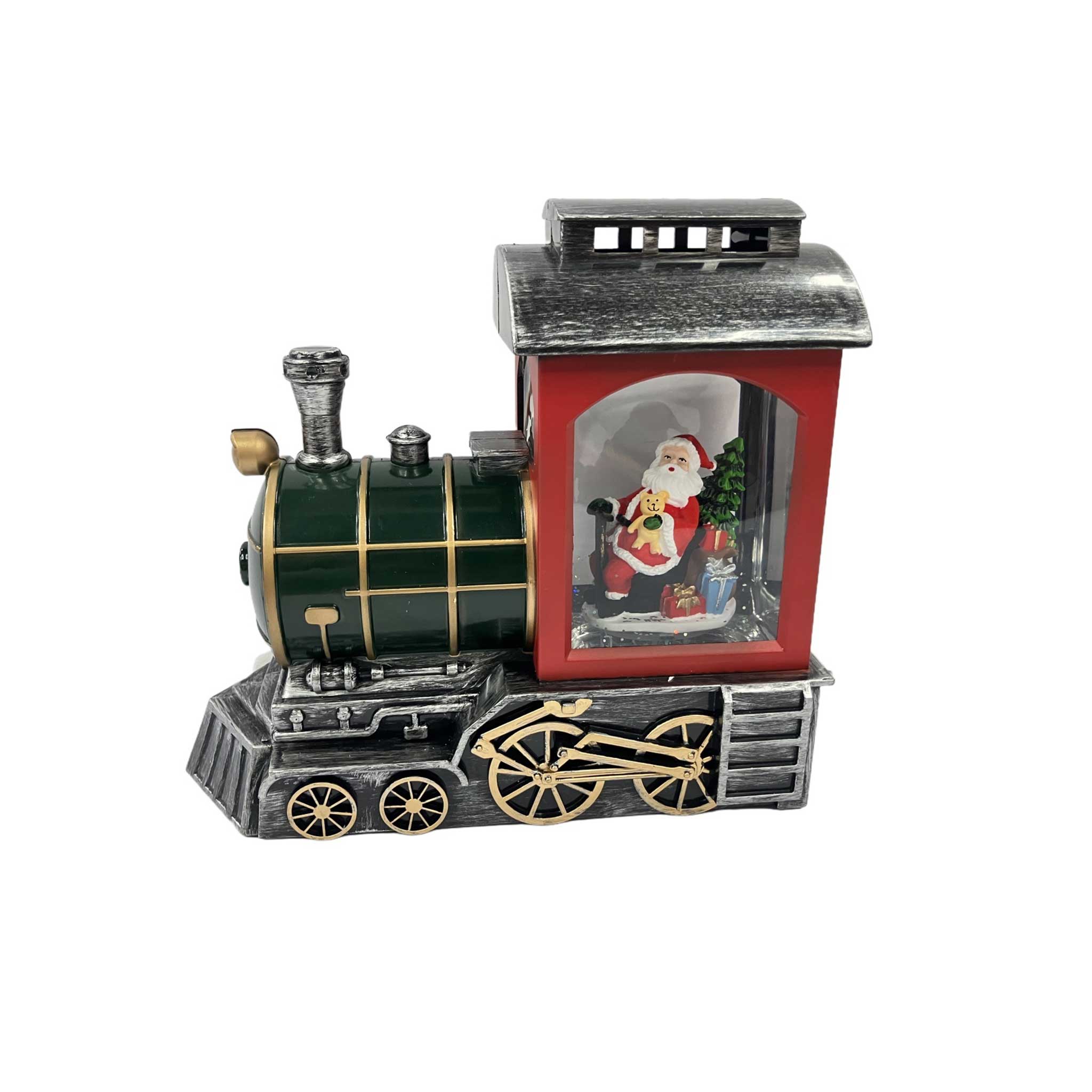 Decorative train model with a Santa Claus figure inside a red window on a white background