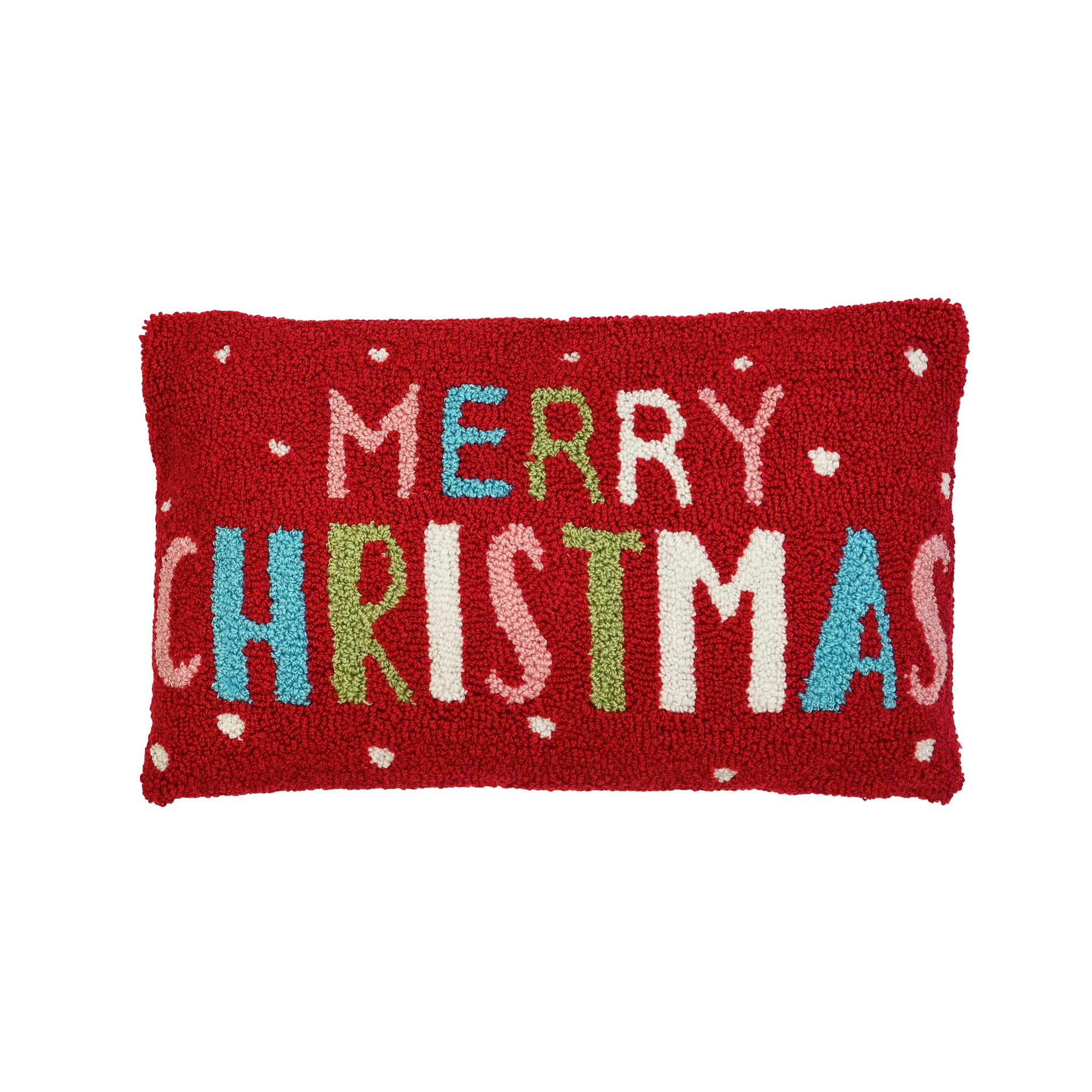 A rectangular red textured throw pillow featuring the words 'MERRY CHRISTMAS' in multicolored letters with small white dot accents, shown against a plain white background.