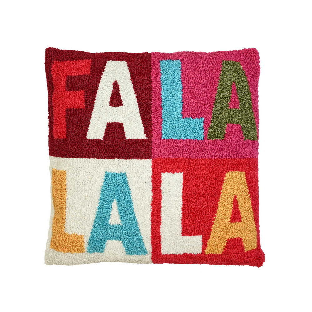 A square tufted throw pillow featuring the word 'FALA LALA' in large, colorful letters across four quadrants on a white background.