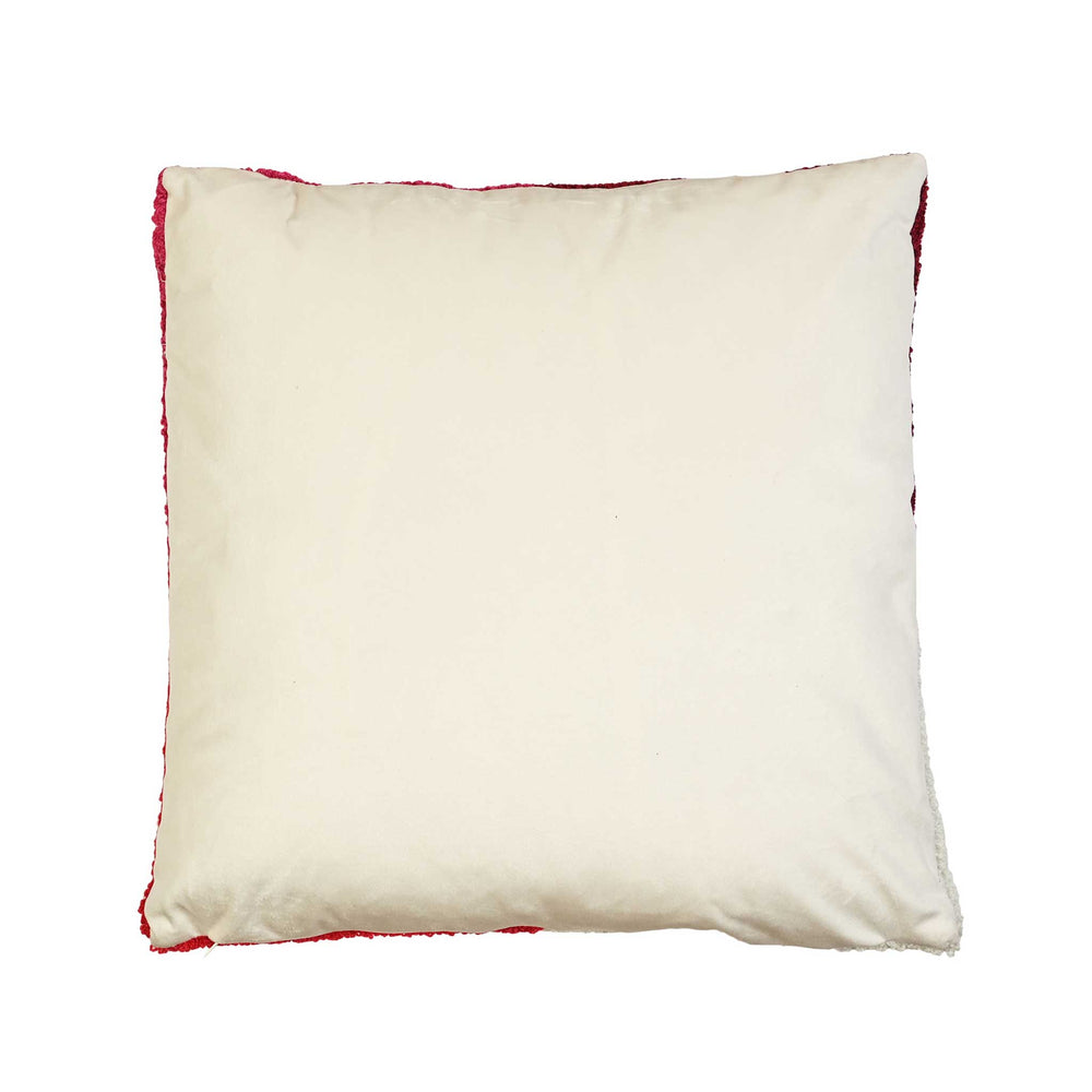 A square cream-colored throw pillow with a contrasting red fringed edge, shown against a plain white background.