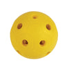 Yellow ball made from hard foam with holes so bells can be heard