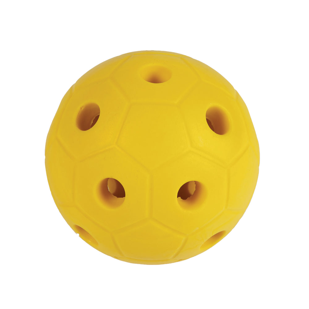 Yellow ball made from hard foam with holes so bells can be heard
