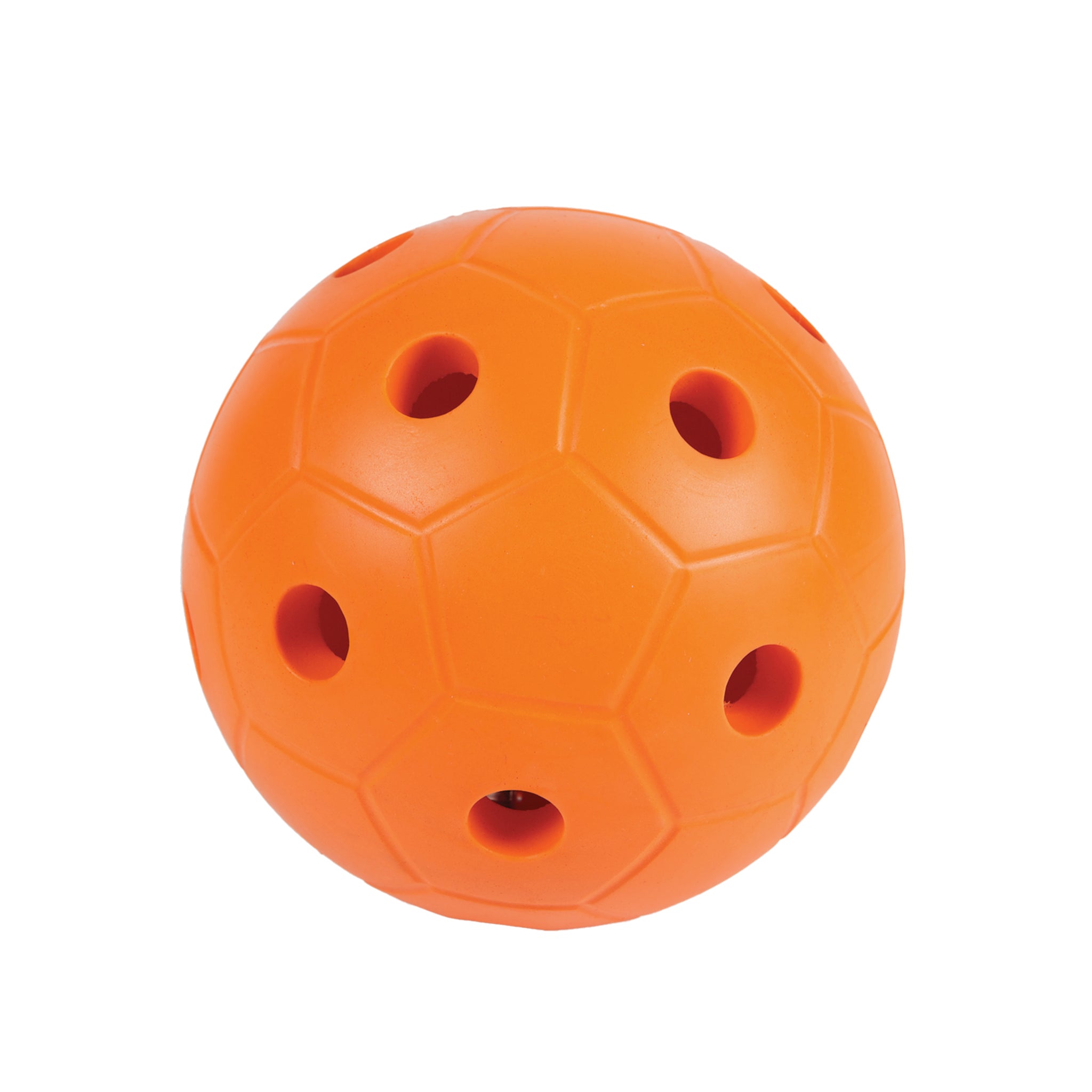 Orange ball made from hard foam with holes so bells can be heard