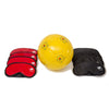 Yellow audible football with eight blindfolds (four red, four black)