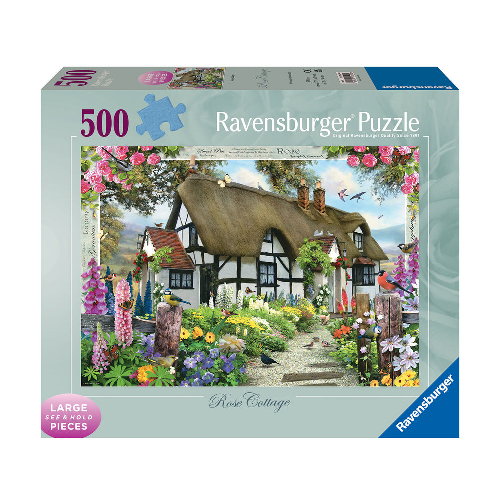 Ravensburger 500-piece jigsaw puzzle box featuring a colorful illustration of a thatched cottage surrounded by flowers and birds, shown on a clean white background.