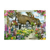 A colorful illustration of a thatched cottage surrounded by flowers and birds, shown on a clean white background.